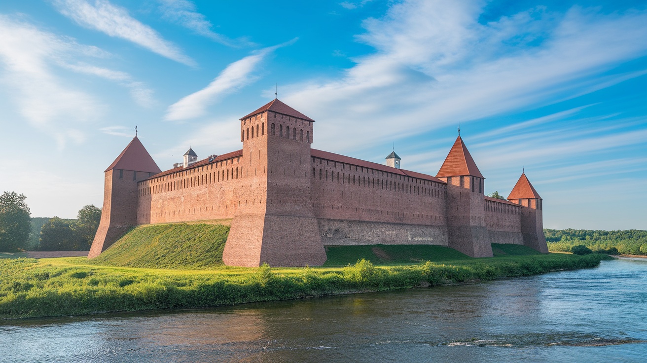 View of the Narva Fortress with its towers and surrounding river landscape.