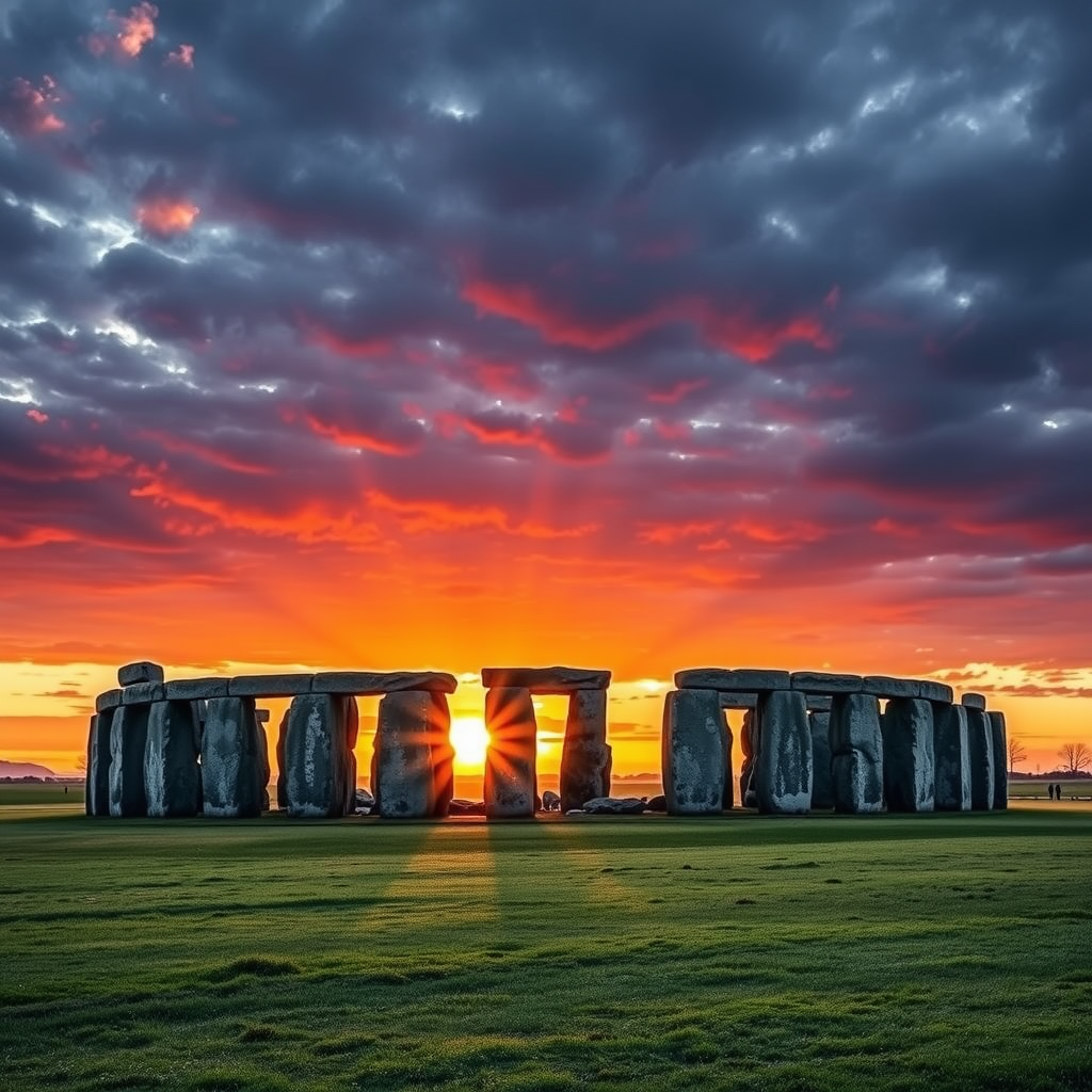 A breathtaking view of Stonehenge during sunset, with rays of sunlight shining through the stones and a dramatic sky.