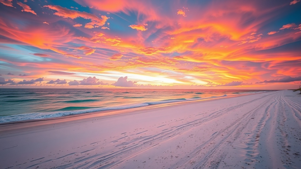 A breathtaking sunset over Clearwater Beach with vibrant colors reflecting on the water.