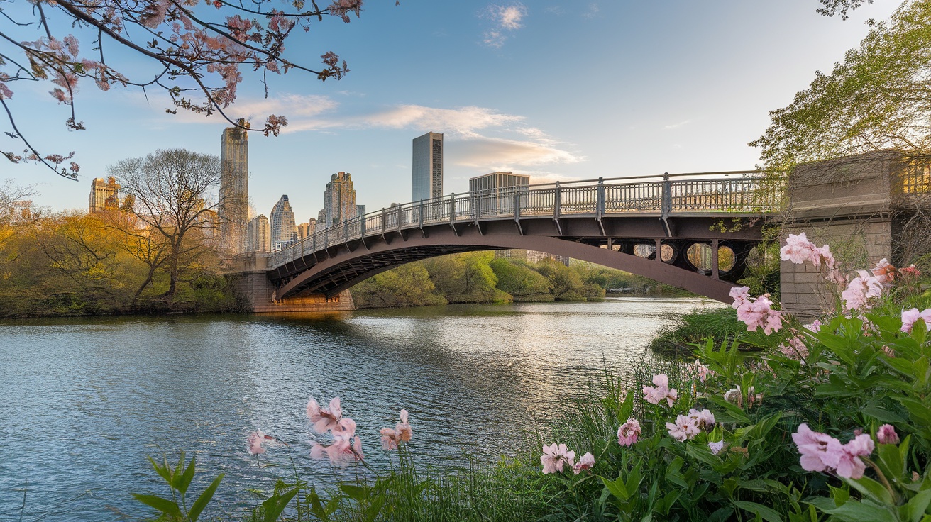 A view of Bow Bridge in Central Park with flowers in the foreground and city skyline in the background.