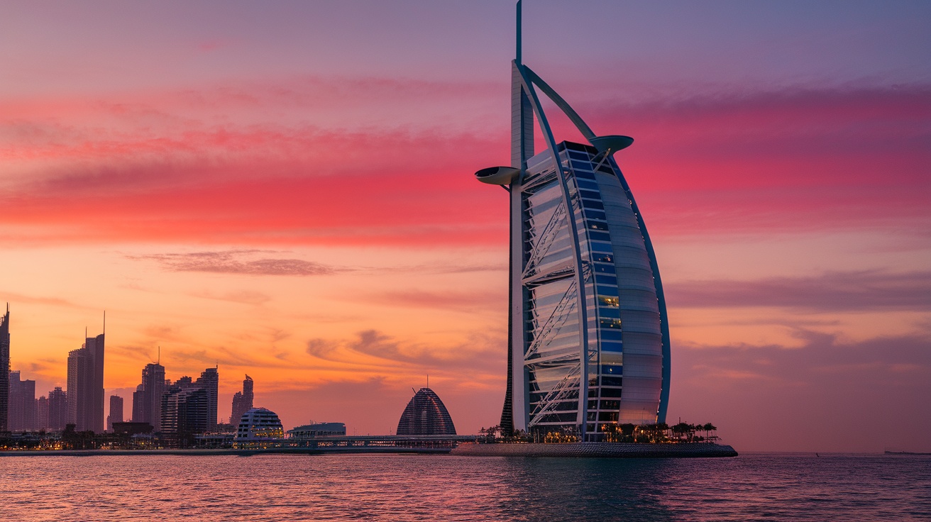 The Burj Al Arab hotel in Dubai at sunset