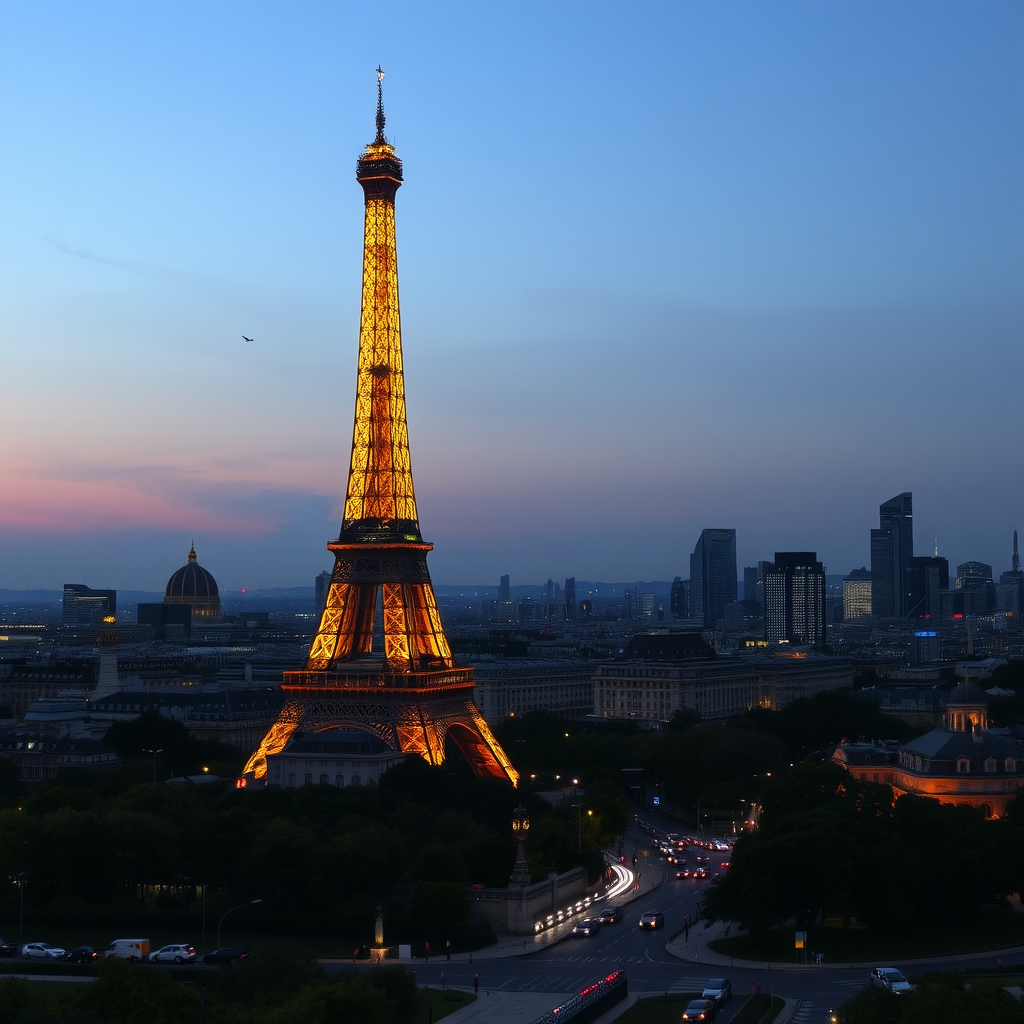 Eiffel Tower illuminated at dusk with the word 'PARIS' in the foreground