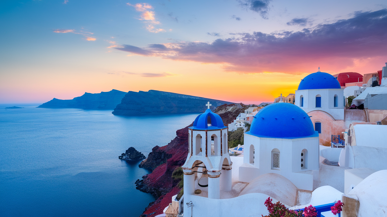 Sunset in Santorini, Greece, with blue domed buildings and a dramatic sky.