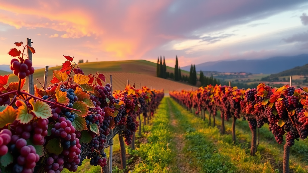 Vineyards in the Burgundy region at sunset with colorful skies and grape clusters.