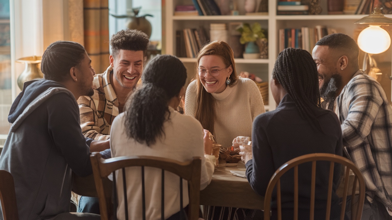 A group of friends enjoying time together at a table, sharing laughter and food.