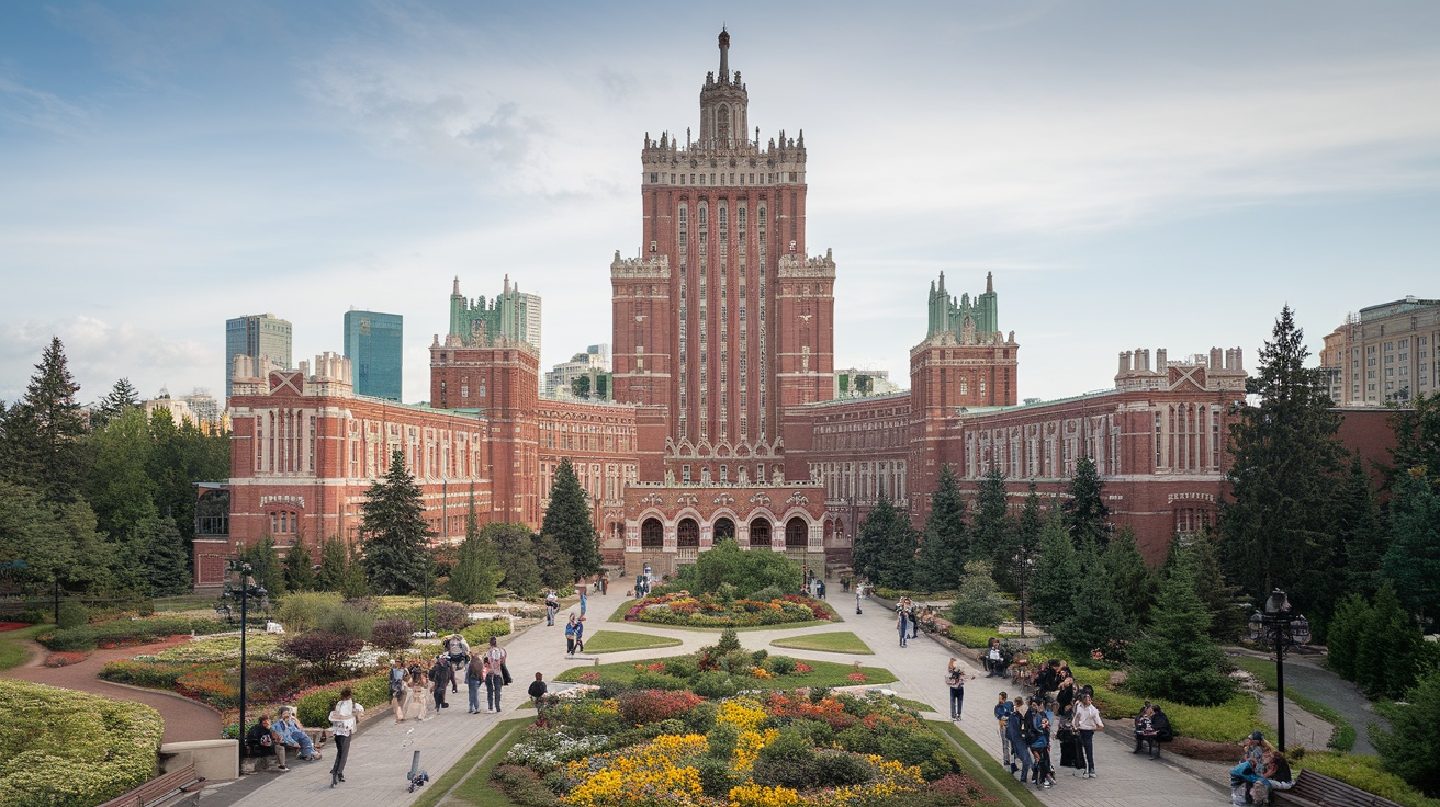 Moscow State University with flowers and people in the foreground