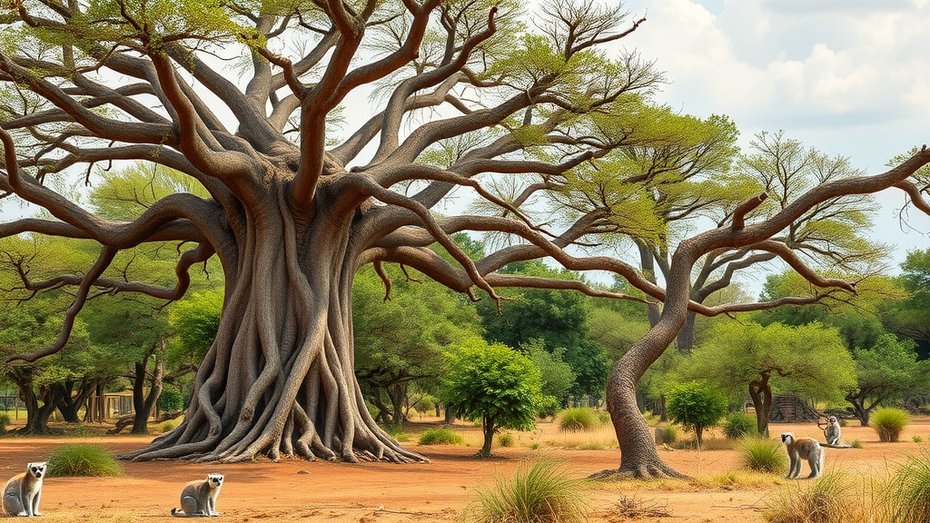 A scenic view of Madagascar featuring majestic baobab trees and lemurs in a natural setting.