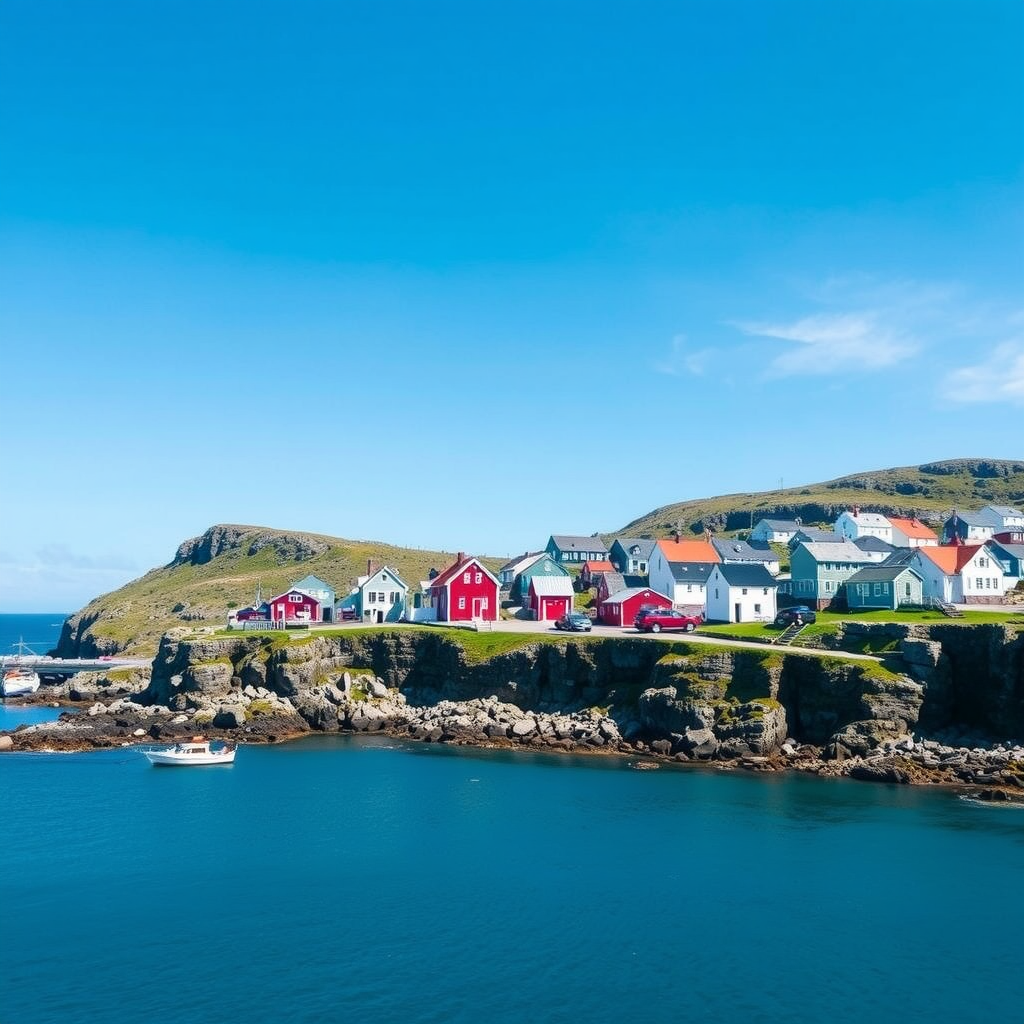 A scenic view of colorful houses on the cliffs of Fogo Island, Newfoundland, with clear blue waters and a bright sky.