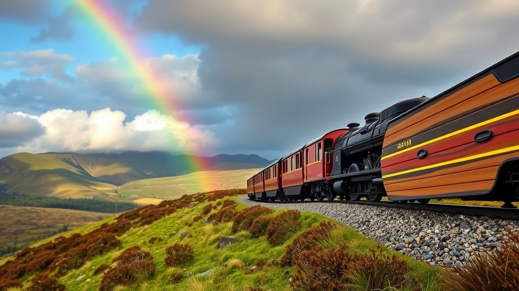 A scenic view of the Jacobite train traveling through the Scottish Highlands with a rainbow in the background.