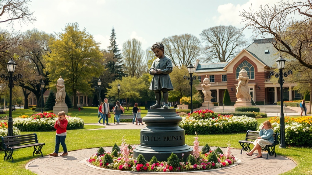 A statue of a child representing The Little Prince in a park surrounded by flowers and trees.