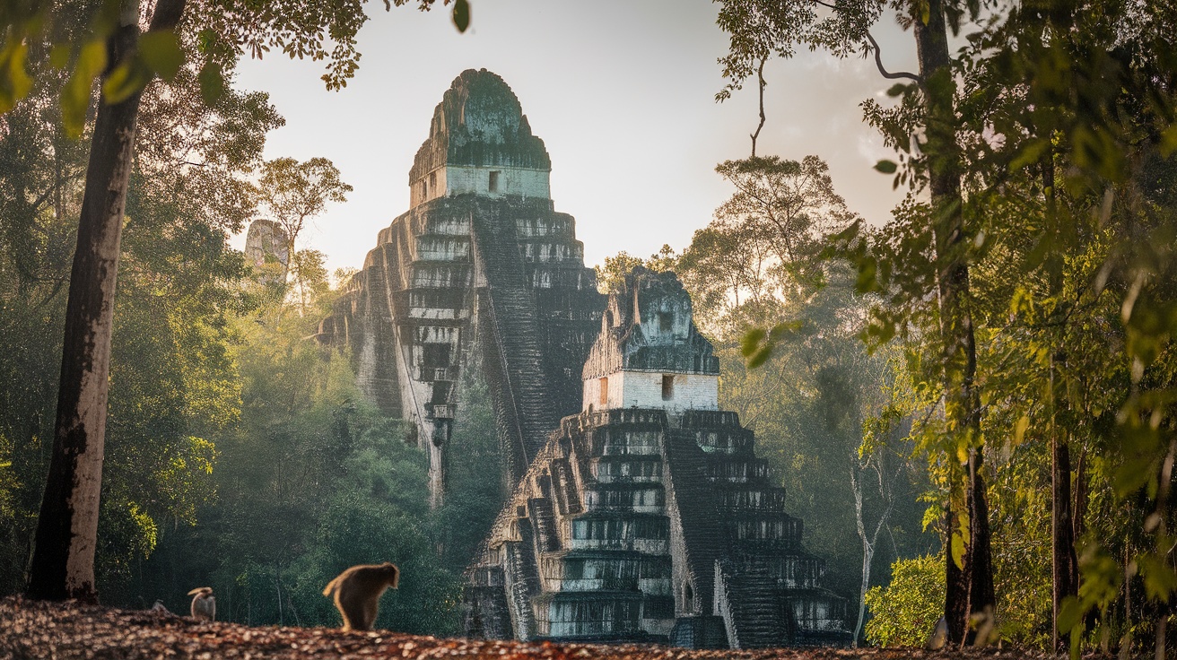 A view of the ancient ruins of Tikal with towering pyramids surrounded by lush jungle.