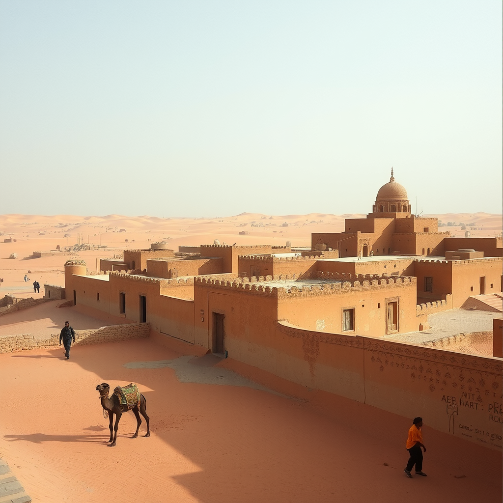 A view of the Lost City of Timbuktu, showcasing its unique architecture against a sandy landscape.