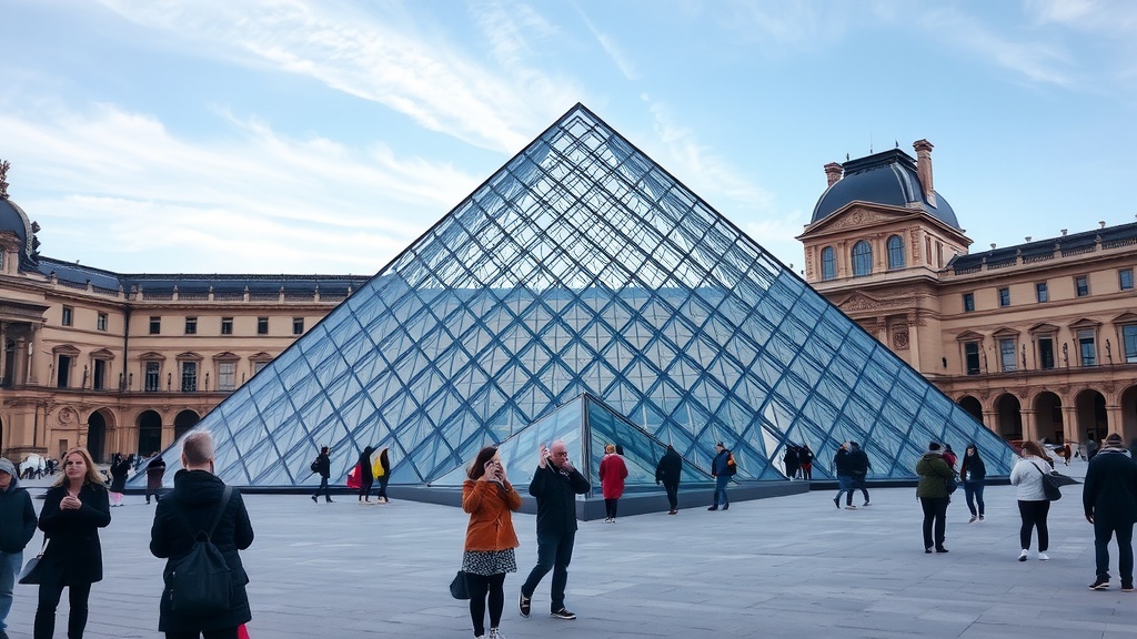 The Louvre Museum with its iconic glass pyramid and visitors