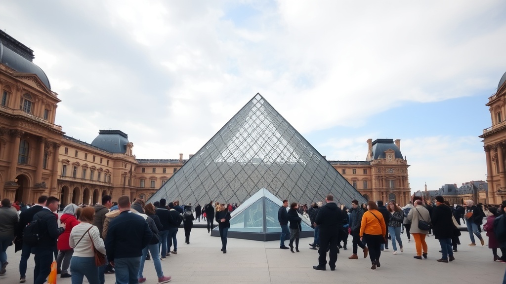 A busy scene in front of the Louvre, showing visitors gathered around the glass pyramid entrance.