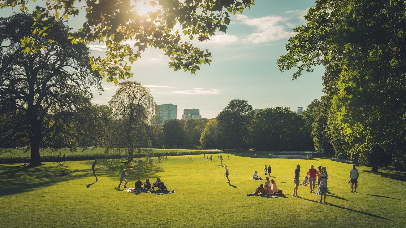 A sunny day at the Great Lawn in Central Park, with people picnicking and enjoying the outdoors.