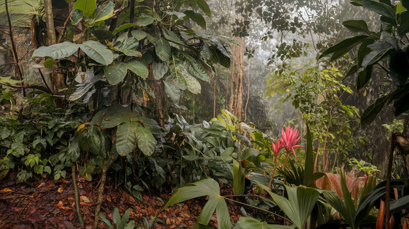 A lush rainforest in Costa Rica featuring monkeys and a colorful red frog