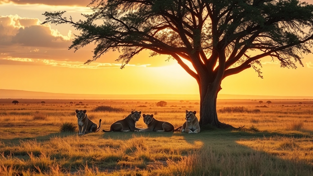 Lions resting under a tree at sunset in the Maasai Mara, Kenya.