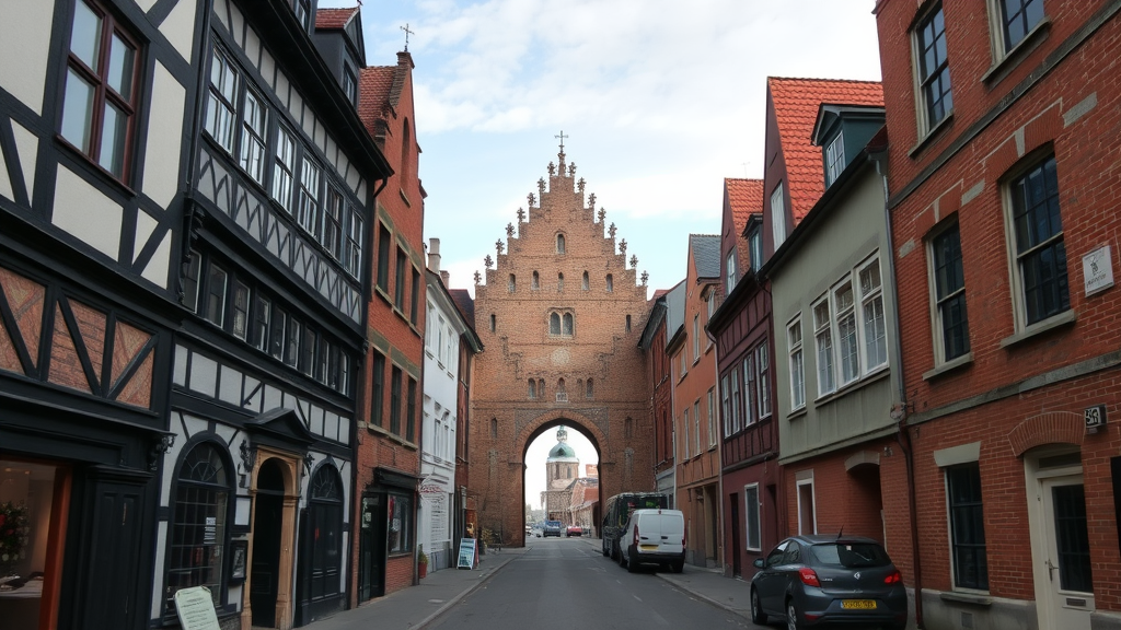 View of Lübeck's Medieval Old Town featuring the Holstentor gate and historical buildings.