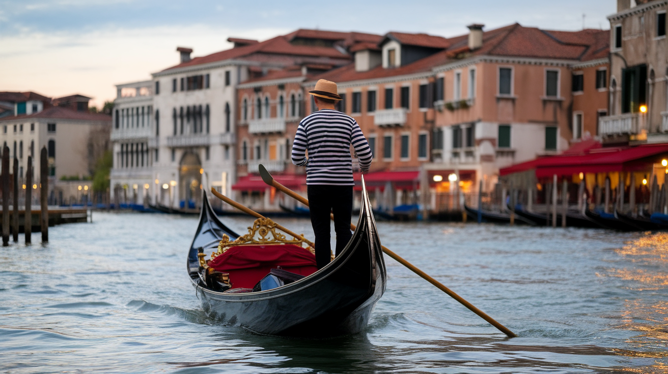 A gondolier navigating through the canals of Venice, showcasing the serene beauty of the city.