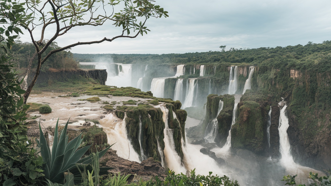 A scenic view of Iguazu National Park showcasing its majestic waterfalls surrounded by lush greenery.