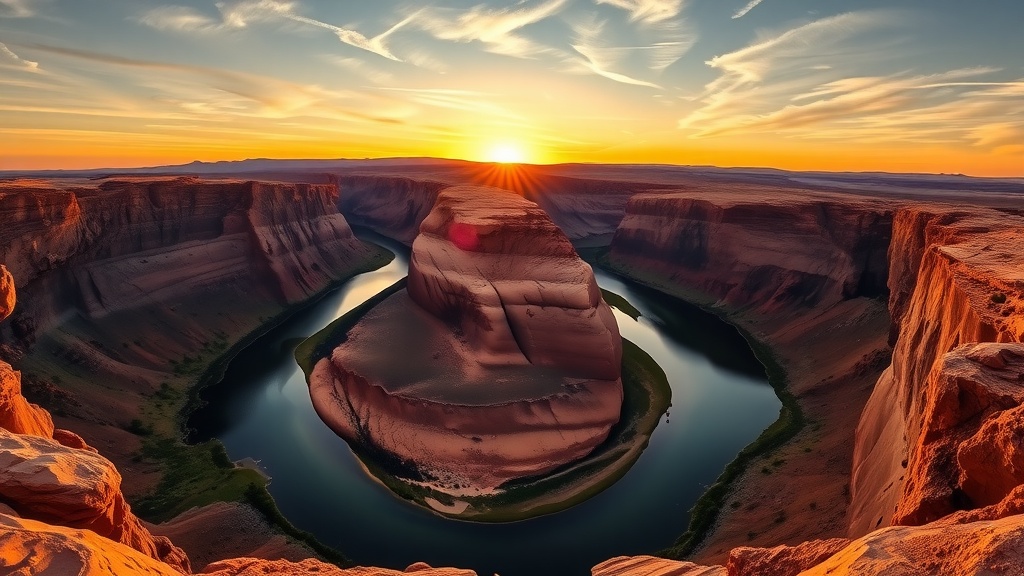 A breathtaking view of Horseshoe Bend with the Colorado River winding through red rock formations at sunset.