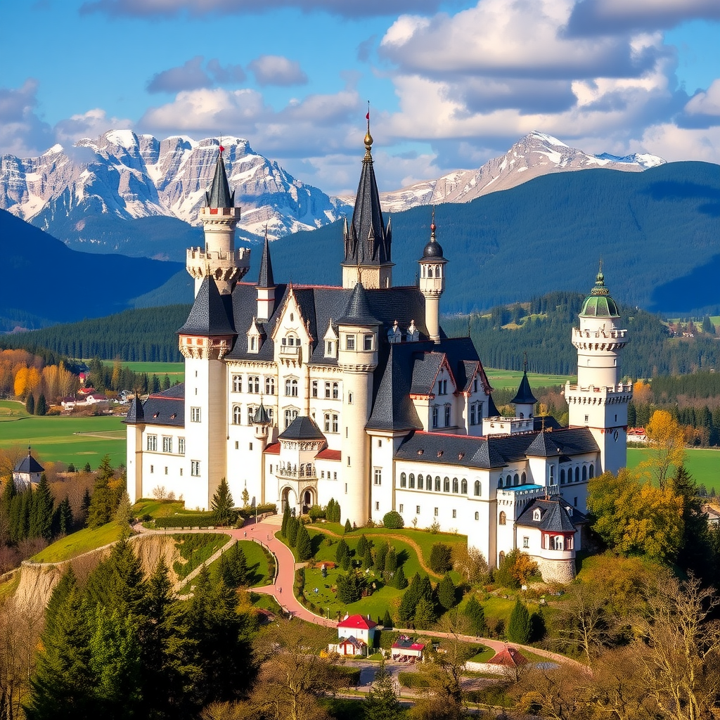 A picturesque view of Neuschwanstein Castle surrounded by mountains and lush greenery.