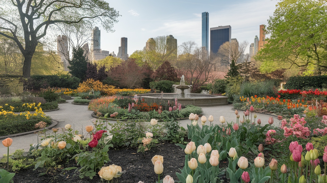 A view of Central Park's Conservatory Garden showcasing colorful flowers and a fountain with skyscrapers in the background.