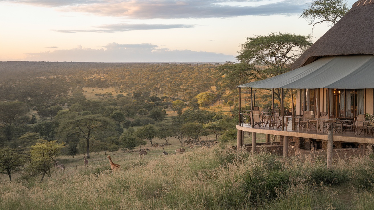 View of the Four Seasons Safari Lodge Serengeti with giraffes nearby