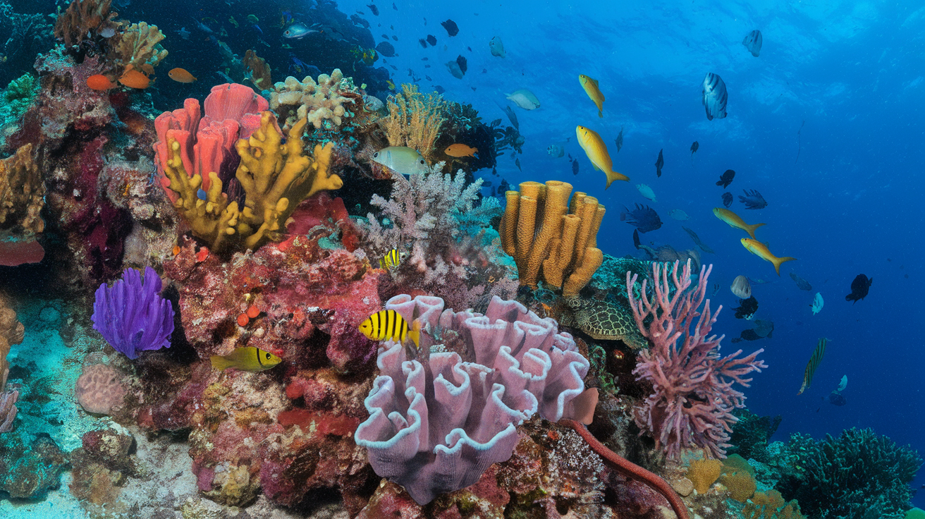 Colorful coral reef with various fish swimming in the Great Barrier Reef