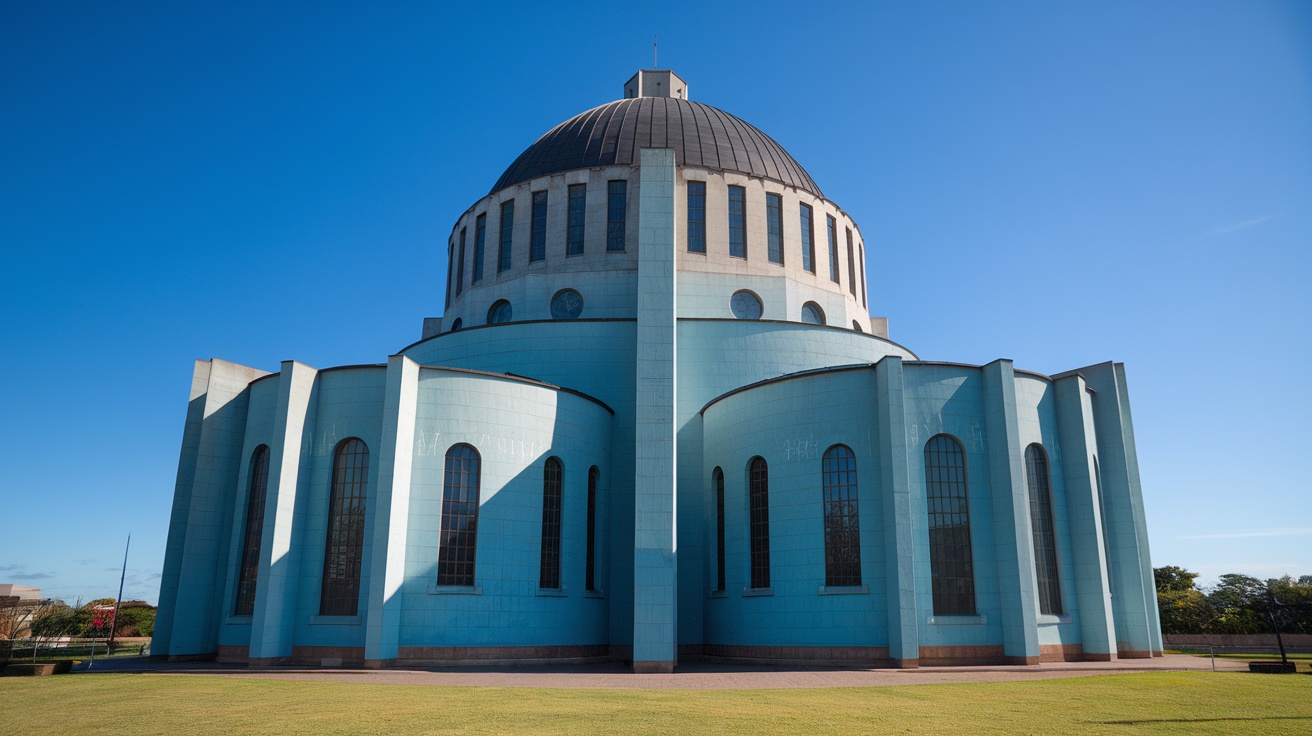 Exterior view of the National Cathedral of Brasília against a clear blue sky.