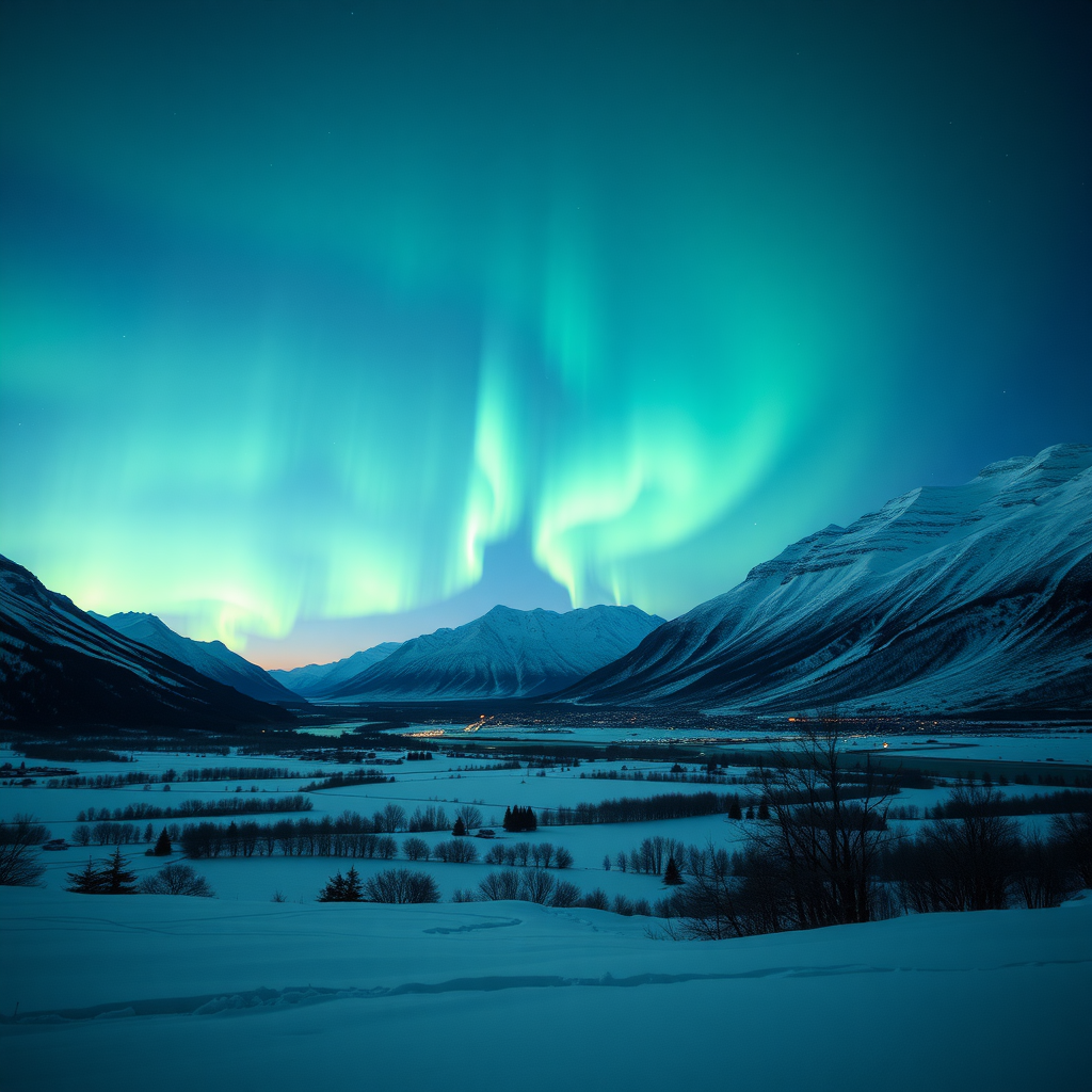 Northern Lights illuminating the night sky over snowy mountains in Norway