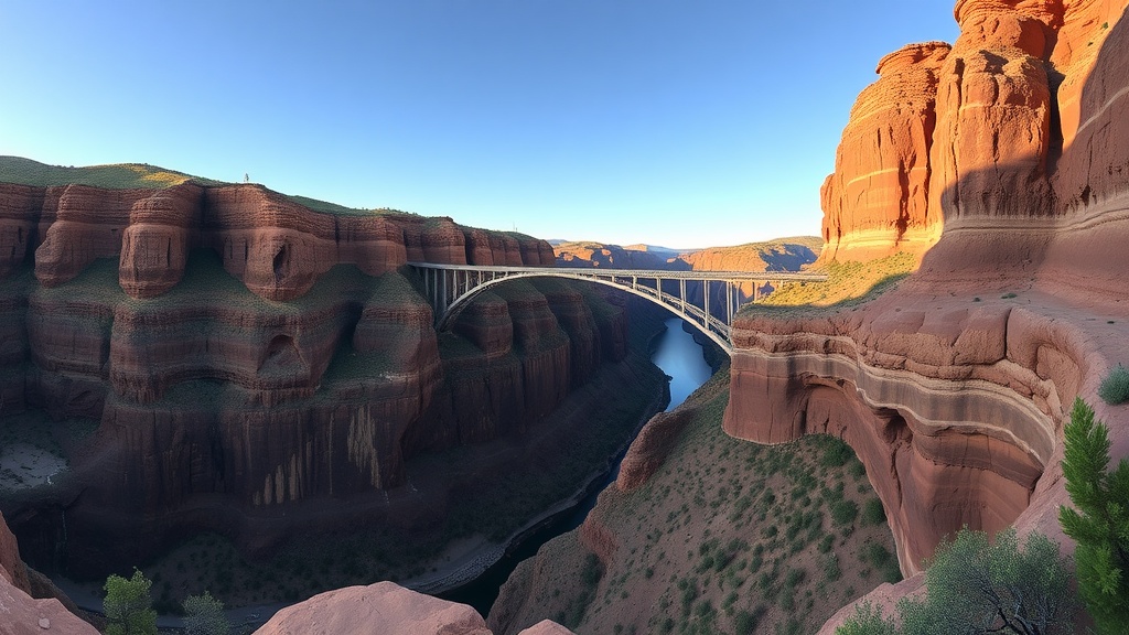 Panoramic view of the Rio Grande Gorge Bridge surrounded by red rock formations and a clear blue sky.