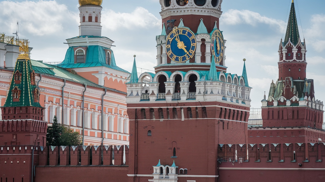 The Spasskaya Tower with its distinctive clock and colorful rooftop, surrounded by other historic Kremlin towers.