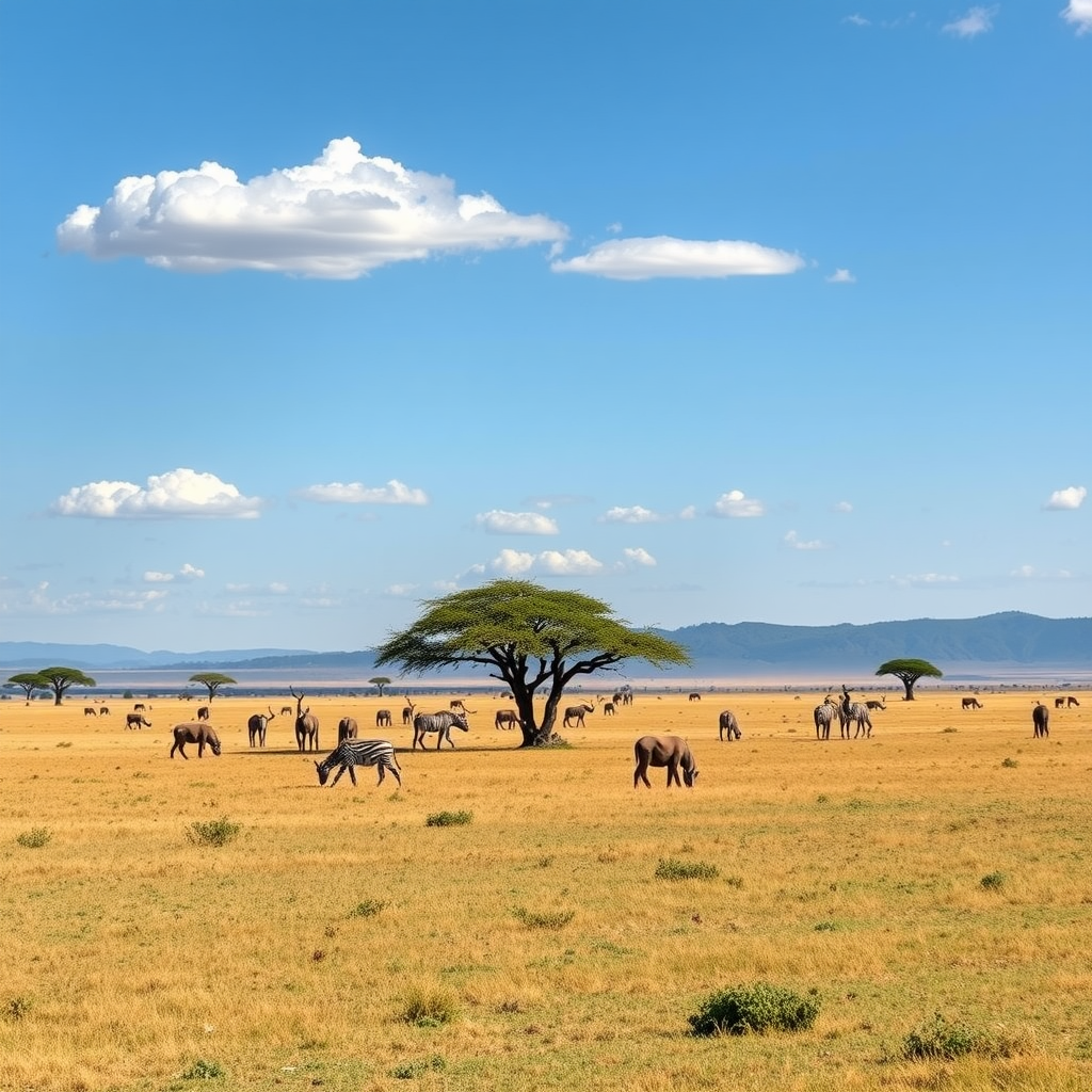 A picturesque view of the Masai Mara with zebras and elephants grazing under a clear blue sky.