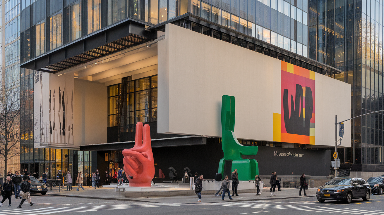 Exterior view of the Museum of Modern Art (MoMA) with large colorful sculptures and modern architecture.