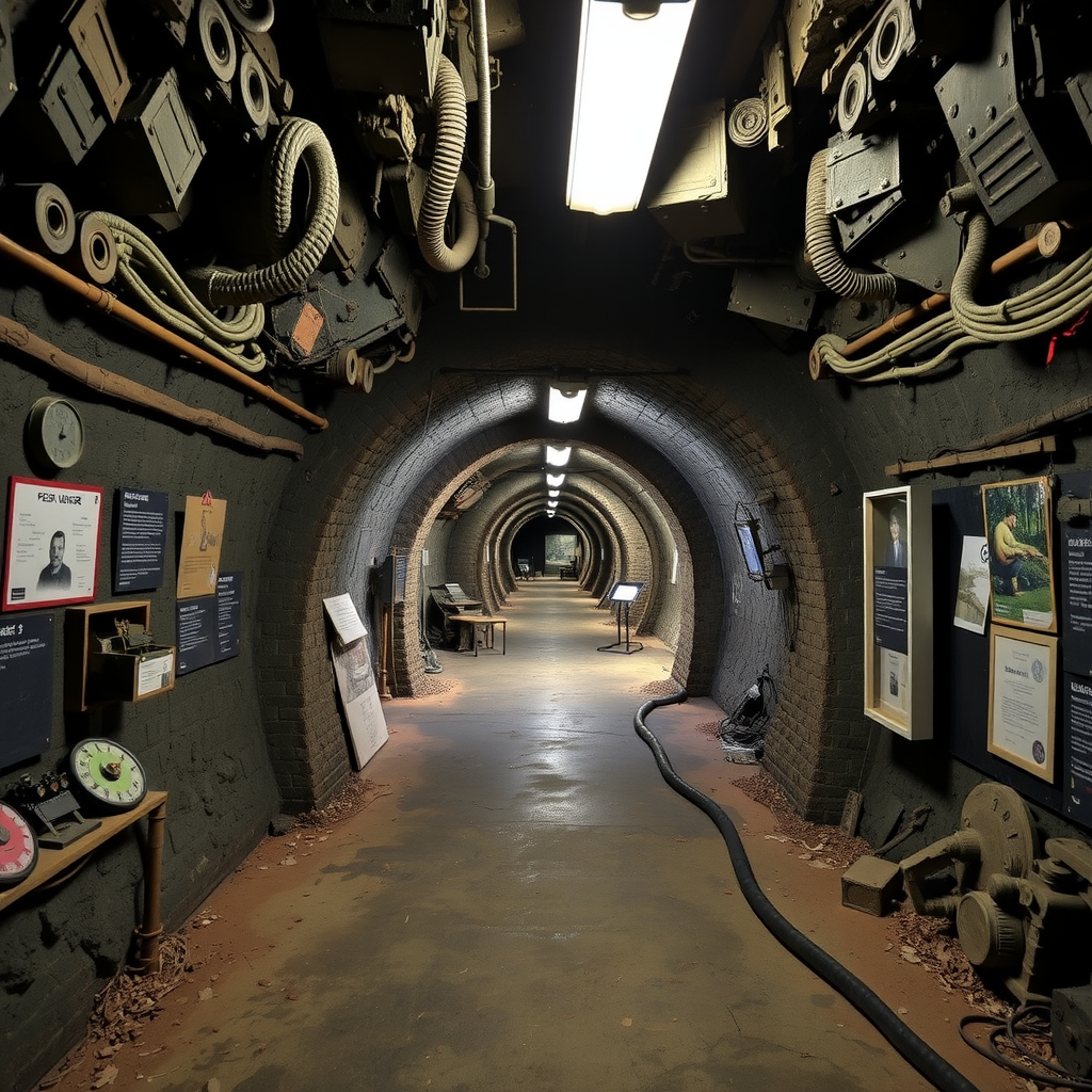 Interior view of the Diefenbunker, showcasing a long, dimly lit corridor with informational panels.