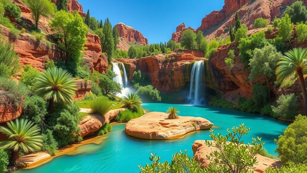 A picturesque view of Havasu Falls with vibrant blue water, lush greenery, and towering red rock cliffs.