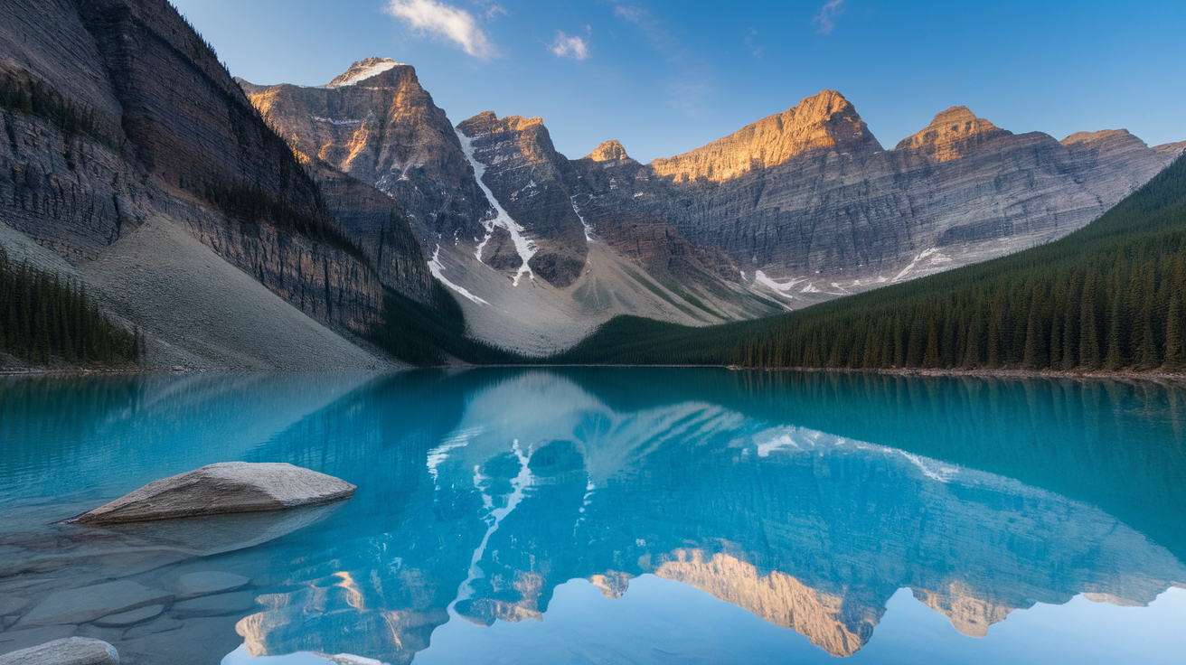 A serene view of a turquoise lake surrounded by majestic mountains in Banff National Park, Canada.