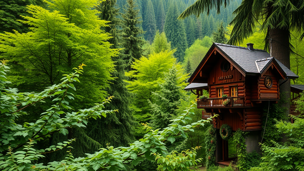 A charming wooden cabin surrounded by lush greenery in the Black Forest region of Germany.