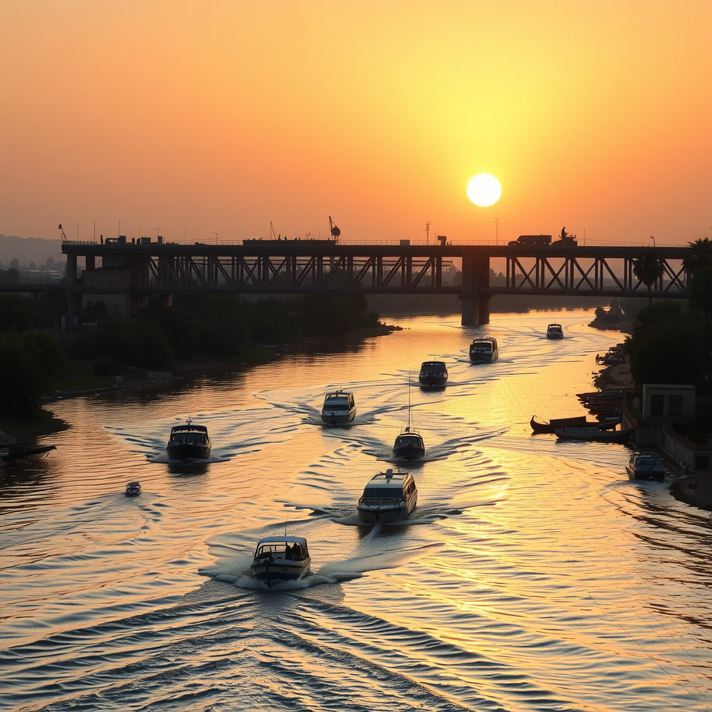 The Nile River at sunset, with boats cruising along the water