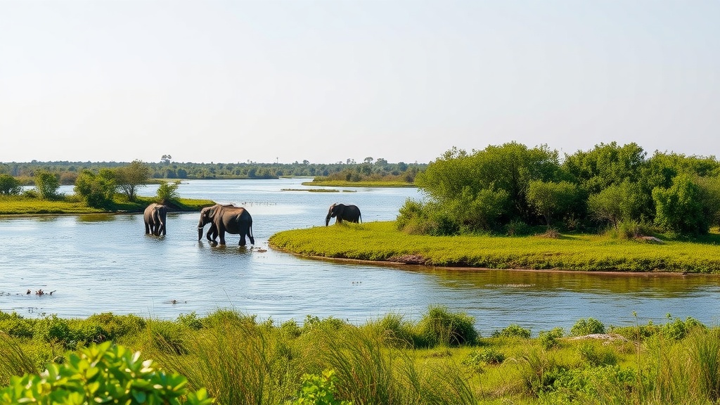 A scenic view of the Okavango Delta with elephants walking through the water.