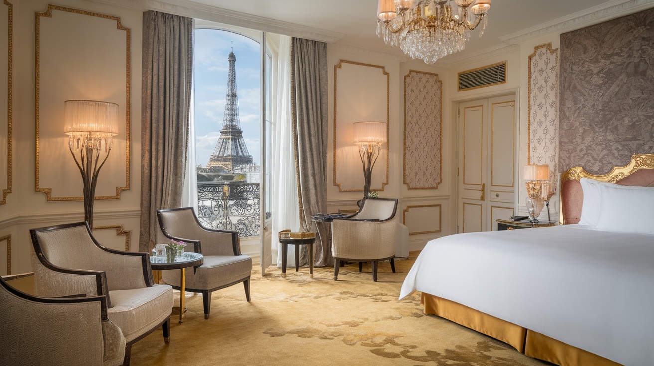 Luxurious hotel room in Ritz Paris with Eiffel Tower view.