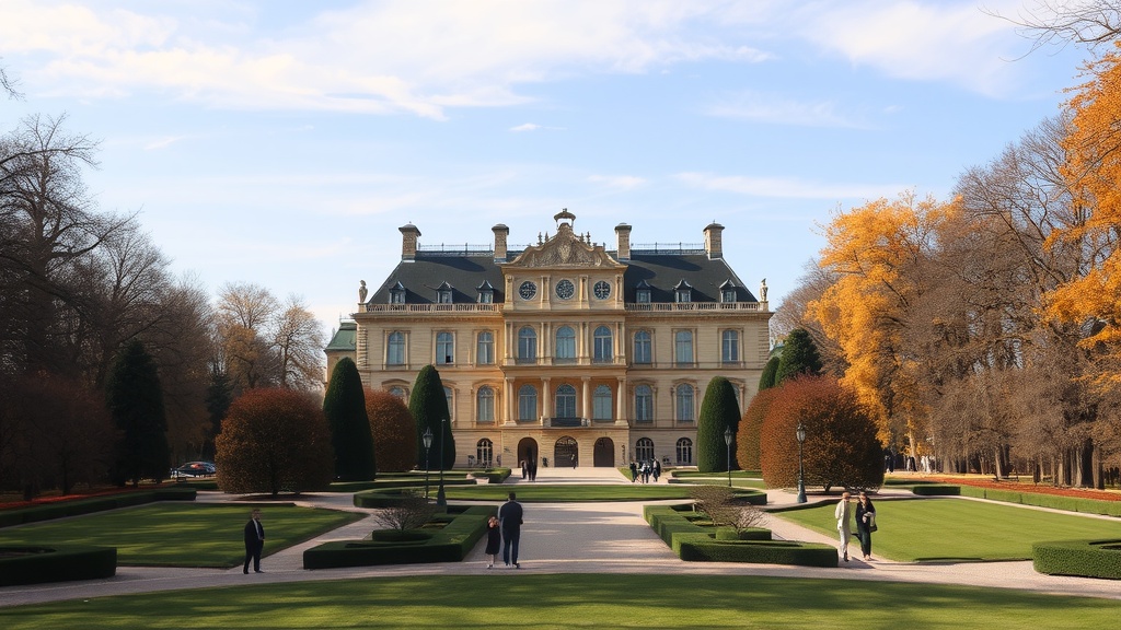 The Palace of Fontainebleau surrounded by lush gardens and trees.