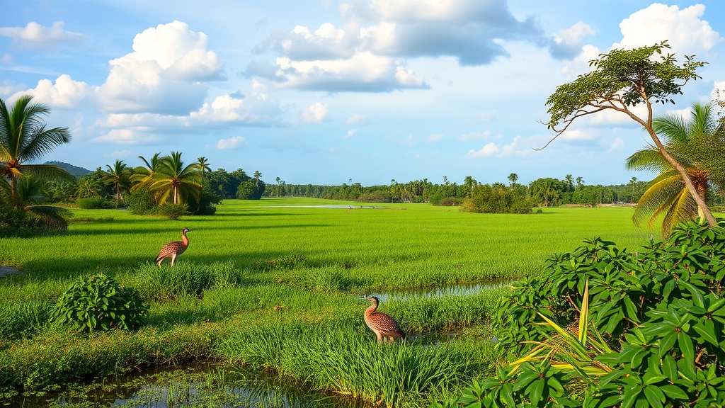 Scenic view of the Pantanal Wetlands with flamingos in a green landscape.