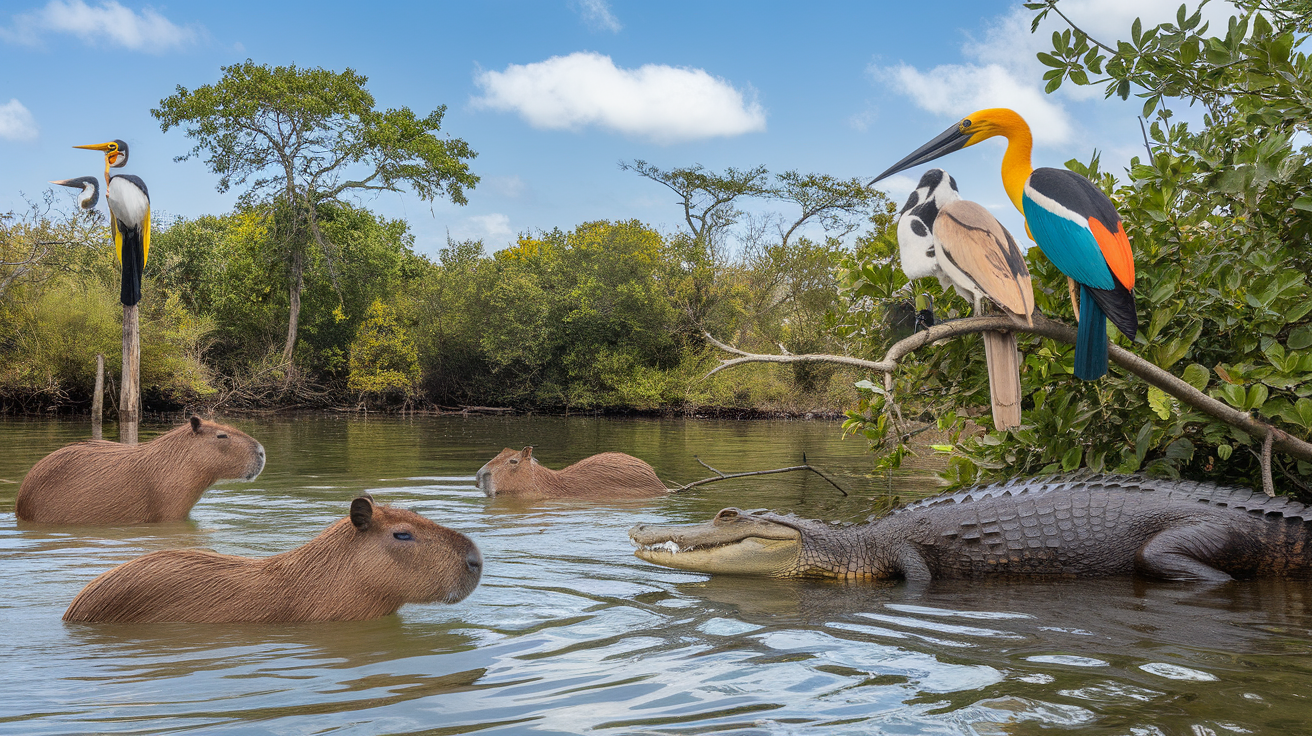 A view of wildlife in the Pantanal, featuring capybaras, birds, and alligators in a lush natural setting.