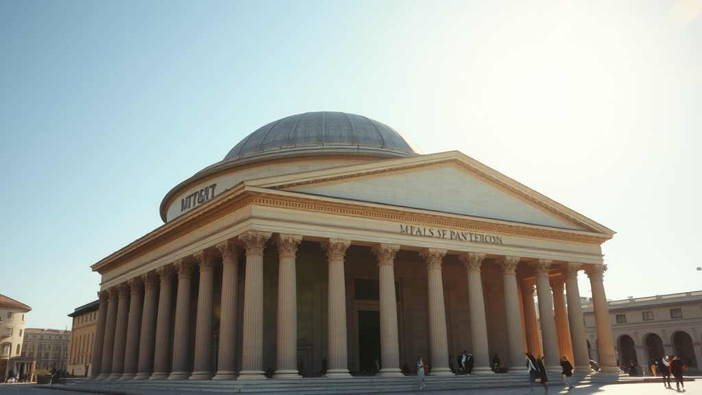 Exterior view of the Pantheon in Rome with sun shining