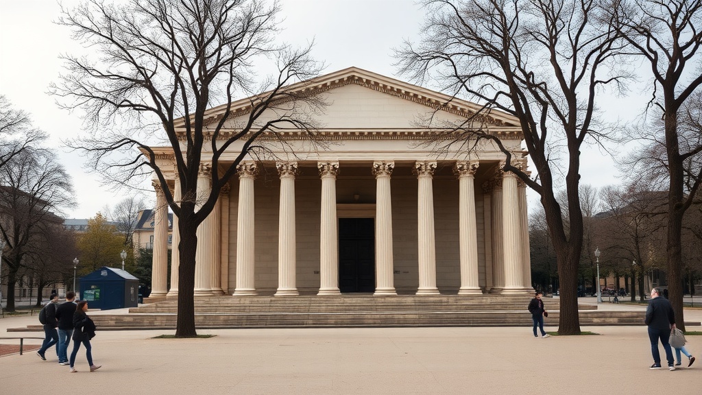 The Panthéon, a grand neoclassical building in Paris, surrounded by trees and people walking.