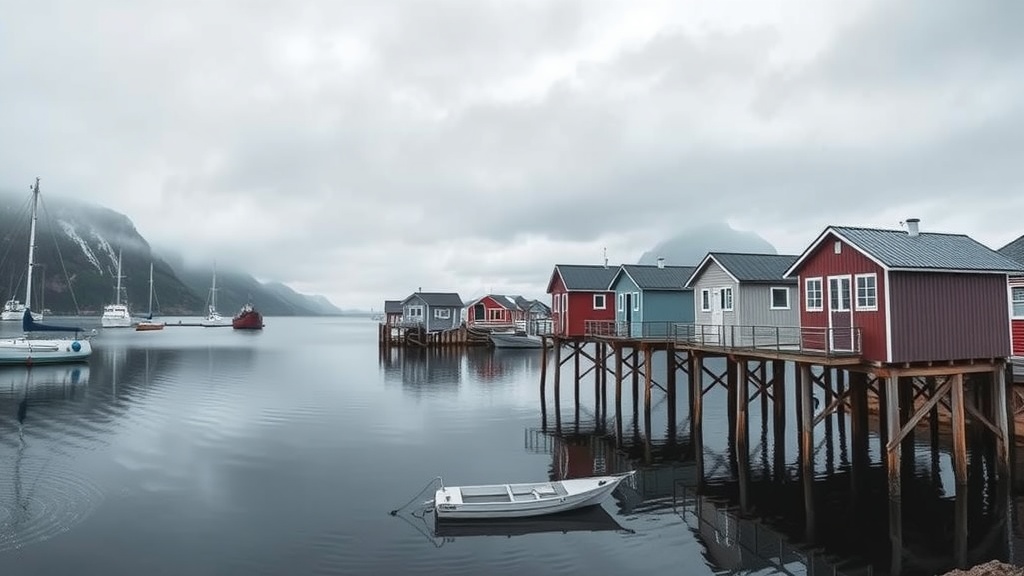 Scenic view of colorful houses on stilts in Henningsvær, Norway, with boats in the calm water and mountains in the background.