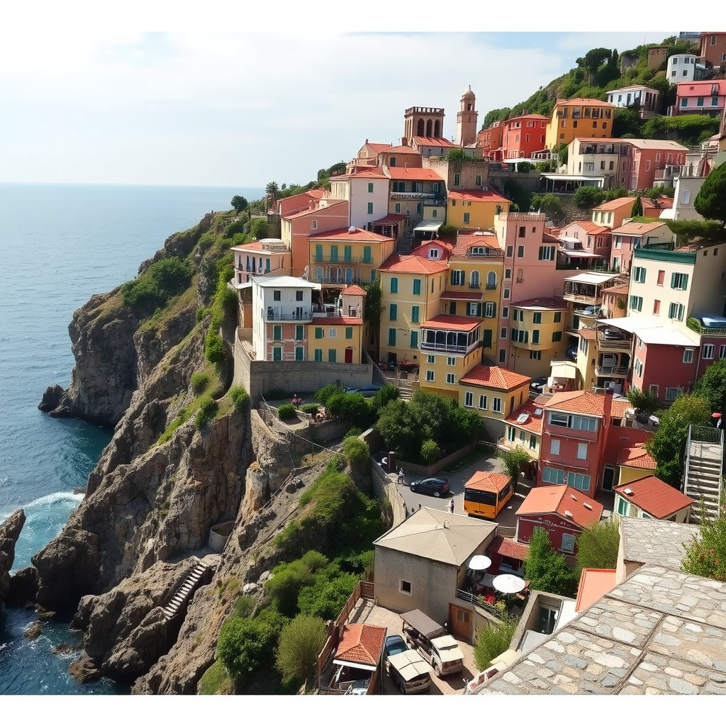 A vibrant coastal town in Cinque Terre, Italy, featuring colorful houses and a rocky coastline.