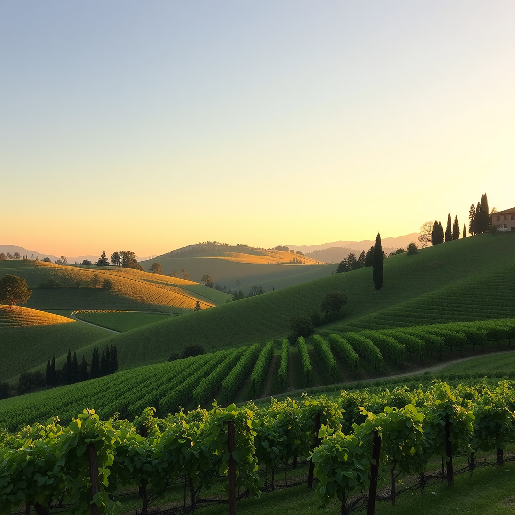 Beautiful rolling hills and vineyards of Tuscany at sunset